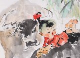 【已售】当代乡土童趣绘画名家尹和平 四尺斗方《小放牛》