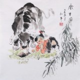 【已售】当代乡土童趣绘画名家尹和平 四尺斗方《戏牛图》
