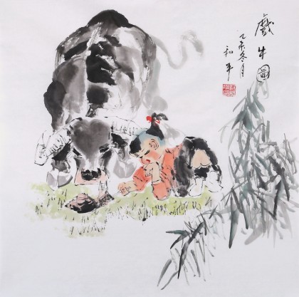 【已售】当代乡土童趣绘画名家尹和平 四尺斗方《戏牛图》