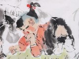 【已售】当代乡土童趣绘画名家尹和平 四尺斗方《戏牛图》