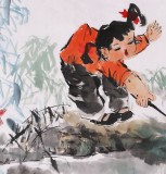 【已售】当代乡土童趣绘画名家尹和平 四尺《放鸭子》