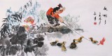 【已售】当代乡土童趣绘画名家尹和平 四尺《放鸭子》