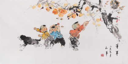 【已售】当代乡土童趣绘画名家尹和平 四尺《童年》