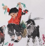 【已售】当代乡土童趣绘画名家尹和平 四尺《青青草》