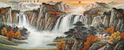 【已售】吴东小八尺聚宝盆山水画《源远流长》