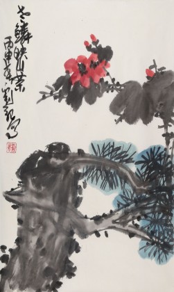 刘纪 四尺三开《山茶花开》 中国画大家 真迹收藏（询价）