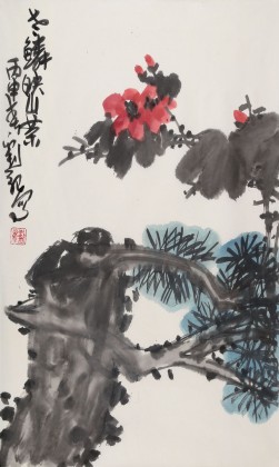 刘纪 四尺三开《山茶花开》 河南著名老画家