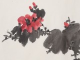 刘纪 四尺三开《山茶花开》 河南著名老画家