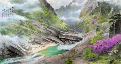 【已售】朝鲜人民艺术家 明时焕六尺《天下名山金刚山之春》(询价)