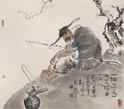 【已售】郭廷 四尺斗方《一人独占一江秋》 当代独具特色的水墨人物名家（询价）