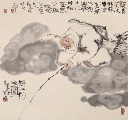 【已售】郭廷 四尺斗方《秋江钓晚图》 当代独具特色的水墨人物名家