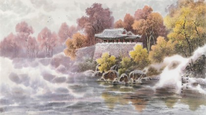 朝鲜画家范青 四尺《莲光亭的早晨》