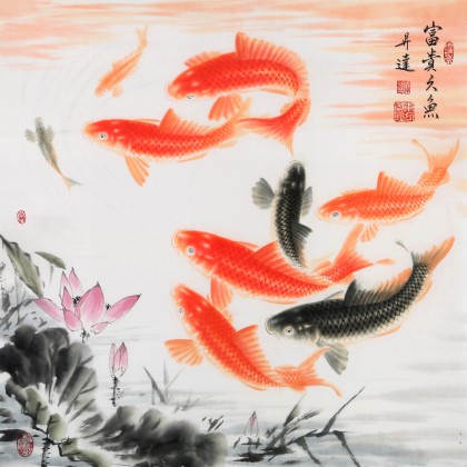 【已售】中国画院名家 周升达 四尺斗方《富贵久鱼》（询价）