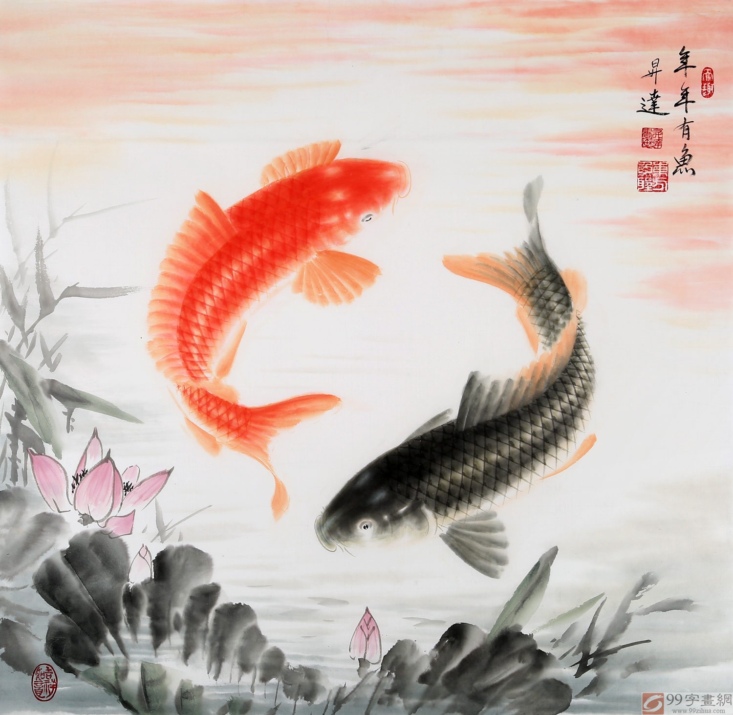 中国画院周升达 四尺斗方《年年有鱼》 - 九鱼图 - 99字画网