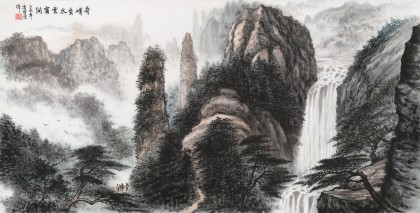 湖南省著名山水老画家唐圣熙 四尺《奇峰秀水云雾间》