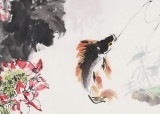 【已售】当代乡土童趣绘画名家尹和平 四尺《戏鱼图》