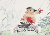 【已售】当代乡土童趣绘画名家尹和平 四尺《戏鱼图》