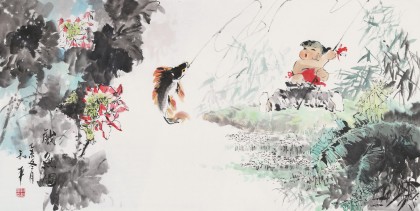 【已售】当代乡土童趣绘画名家尹和平 四尺《戏鱼图》