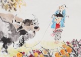 【已售】当代乡土童趣绘画名家尹和平 四尺《牧童小趣》