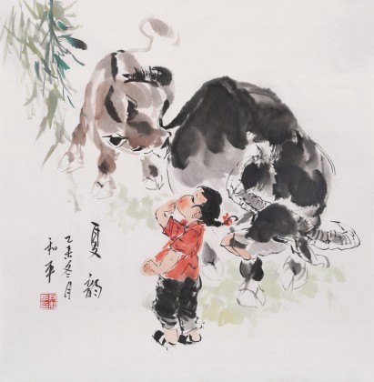 【已售】当代乡土童趣绘画名家尹和平 四尺斗方《夏韵》