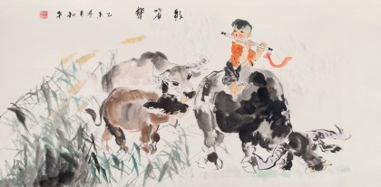 当代乡土童趣绘画名家尹和平 四尺《牧笛声》