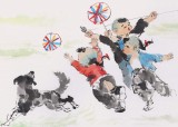当代乡土童趣绘画名家尹和平 四尺《戏春风》