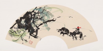 当代乡土童趣绘画名家尹和平 扇面《春风》