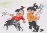 当代乡土童趣绘画名家尹和平 四尺《戏春风》