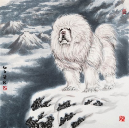 【已售】王贵邱四尺斗方国画藏獒《守望》