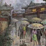 朝鲜名家油画 李贤哲《雨中的街道》