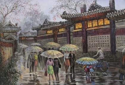朝鲜名家油画 李贤哲《雨中的街道》