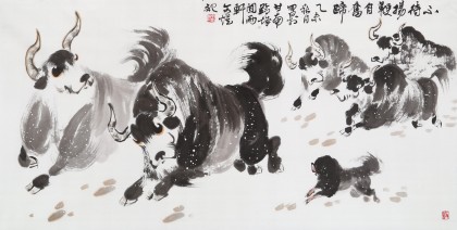 中国美術・純手描き四尺人物掛軸・国画・王震印款・肉筆・宣紙・茶道・文房置物・書画 国画名家王向阳四尺斗方骏马图《马驰祥云起春风载福来》 - 骏马