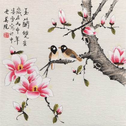 北京美协凌雪三尺斗方《玉兰双雀》 - 花鸟画- 99字画网