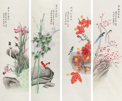 北京美协凌雪四条屏花鸟画《四时花鸟》 - 花鸟画- 99字画网