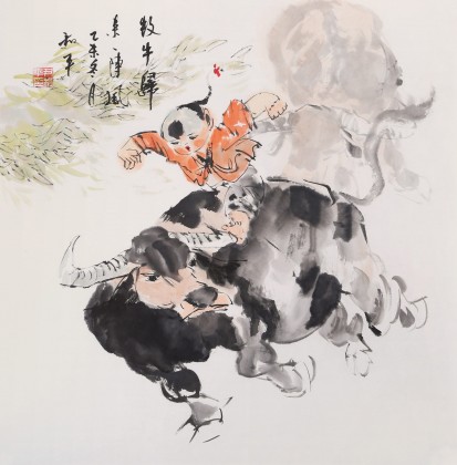 【已售】当代乡土童趣绘画名家尹和平 四尺斗方《牧牛归来一阵风》