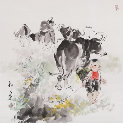 【已售】当代乡土童趣绘画名家尹和平 四尺斗方《童年欢乐》