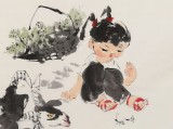 【已售】当代乡土童趣绘画名家尹和平 四尺斗方《童趣》