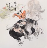 【已售】当代乡土童趣绘画名家尹和平 四尺斗方《牧牛归来一阵风》