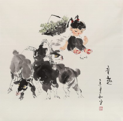 【已售】当代乡土童趣绘画名家尹和平 四尺斗方《童趣》