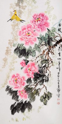 【已售】河北著名老画家刘卓华四尺《日暖花香山鸟啼》