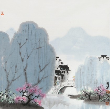 【已售】当代著名画家王寿 四尺斗方《烟雨江南》