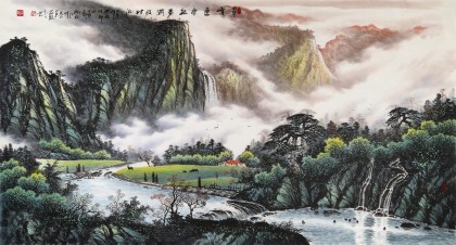 【已售】张慧仁六尺精品山水画《翠峰连云起》