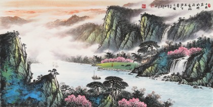 张慧仁四尺山水画《桃花源里梦可圆》