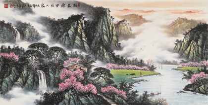 【已售】张慧仁四尺山水画《桃花源里住人家》