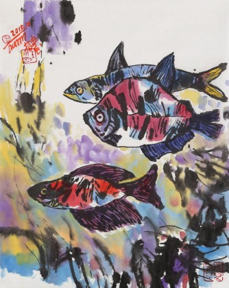 名家王永刚小尺寸手指画《海洋鱼群》(询价)