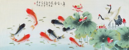 北京美协凌雪小六尺荷花九鱼图《年年有余》 - 九鱼图- 99字画网