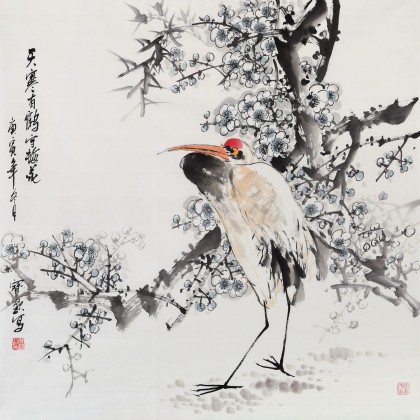 最終値下げ 祝寿字画王宝钦斗方梅鹤图《天寒有鹤守梅花》(询价) 花鸟画 - 木工、竹工芸