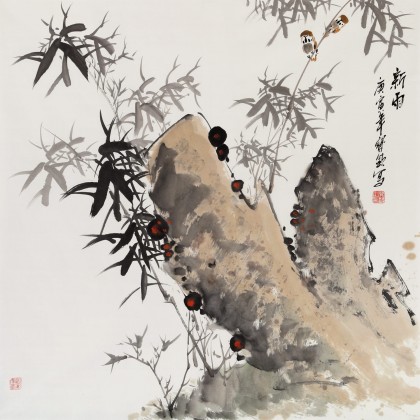 【已售】王宝钦 精品国画《新雨》当代花鸟牡丹画名家（询价）