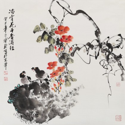 【已售】国家一级美术师王宝钦四尺斗方《凌霄花开香满径》(询价)