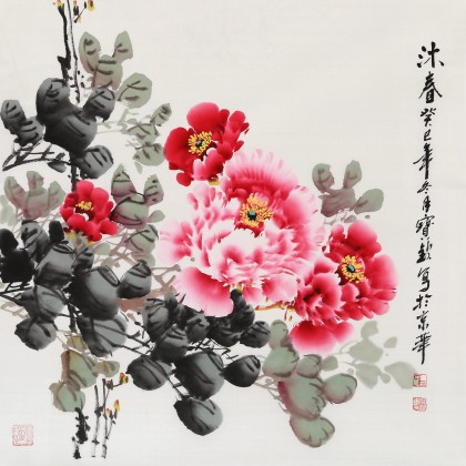 【已售】王宝钦 四尺斗方《沐春》当代花鸟牡丹画名家（询价）